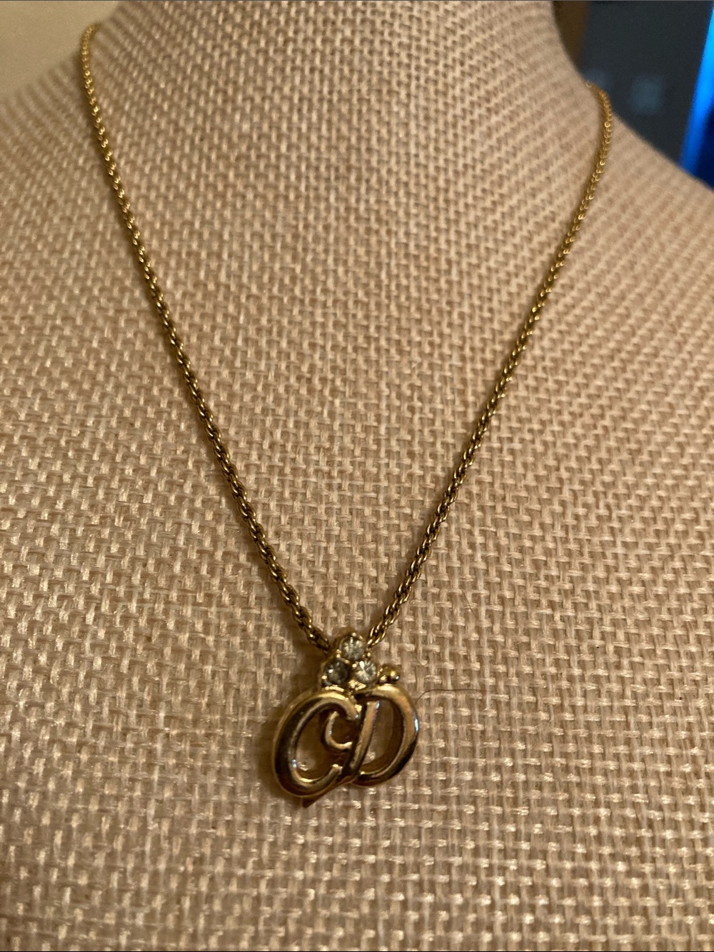 Christian Dior CD Logo Necklace with 3 Crystals/Rhinestones Pendant Vintage - Picture 1 of 6